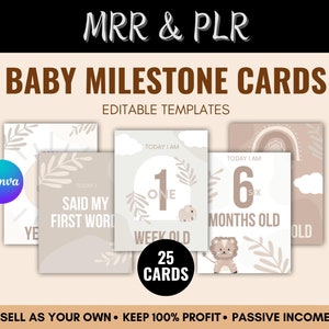 Plantillas de tarjetas de hitos para bebés con derechos de reventa, tarjetas de hitos para bebés imprimibles con MRR, plantillas de hitos de Canva, obsequio de hitos para bebés