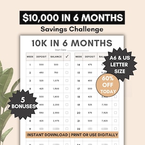 10,000 savings challenge, save 10k in 6 months, 26 weeks savings challenge, saving money worksheet, print or use digitally