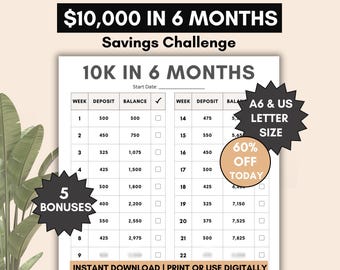 10,000 savings challenge, save 10k in 6 months, 26 weeks savings challenge, saving money worksheet, print or use digitally