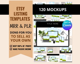 May include: A collection of 120 customizable Etsy listing templates for digital products. The templates are designed to be used with Canva and feature a variety of device mockups, including laptops, tablets, and phones. The text "Edit in Canva" is displayed on a purple button.