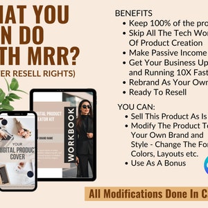 Op de afbeelding: Een digitale productcreatiekit met een werkboek en een omslagontwerp. De tekst op de afbeelding luidt "What you can do with MRR? (Master Resell Rights)". De afbeelding bevat ook een lijst met voordelen en wat je met het product kunt doen.