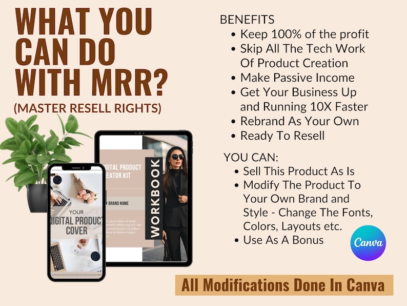 Op de afbeelding: Een digitale productcreatiekit met een werkboek en een omslagontwerp. De tekst op de afbeelding luidt "What you can do with MRR? (Master Resell Rights)". De afbeelding bevat ook een lijst met voordelen en wat je met het product kunt doen.