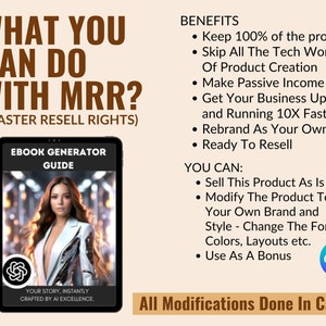 May include: A digital illustration of a woman with a white jacket and a black background. The text "EBOOK GENERATOR GUIDE" is on a black tablet screen. The text "WHAT YOU CAN DO WITH MRR? (MASTER RESELL RIGHTS)" is in brown text on a beige background. The text "BENEFITS" is in black text on a beige background. The text "YOU CAN:" is in black text on a beige background. The text "All Modifications Done In Canva" is in black text on a beige background. The text "Canva" is in white text on a blue circle.