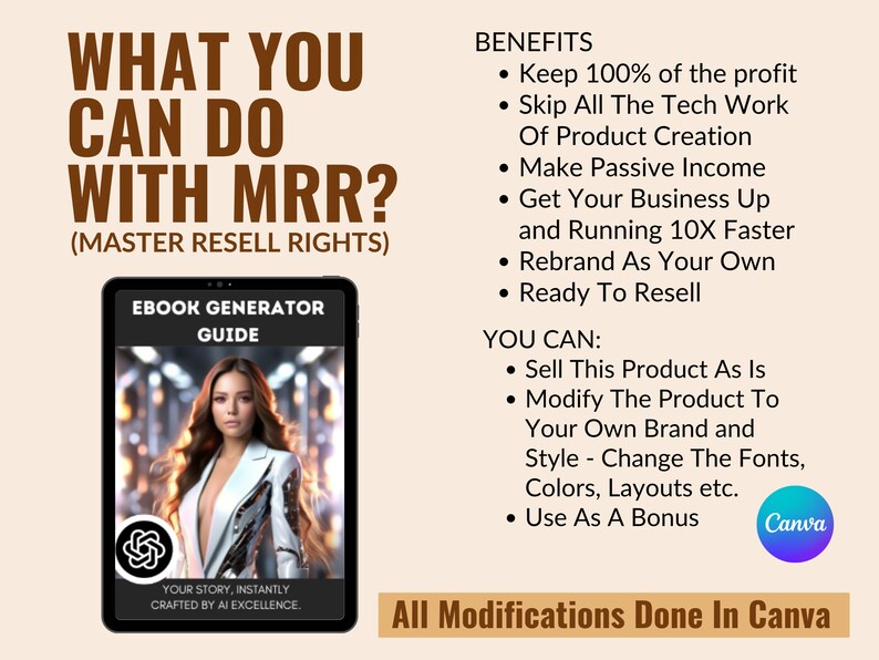 May include: A digital illustration of a woman with a white jacket and a black background. The text "EBOOK GENERATOR GUIDE" is on a black tablet screen. The text "WHAT YOU CAN DO WITH MRR? (MASTER RESELL RIGHTS)" is in brown text on a beige background. The text "BENEFITS" is in black text on a beige background. The text "YOU CAN:" is in black text on a beige background. The text "All Modifications Done In Canva" is in black text on a beige background. The text "Canva" is in white text on a blue circle.