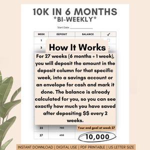 May include: A printable chart to help you save $10,000 in 6 months. The chart is titled "10K in 6 Months *Bi-Weekly*" and includes a table with columns for week, deposit, balance, and a checkmark. The chart also includes instructions on how to use it. The chart is designed to be used with a bi-weekly savings plan.