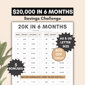 May include: A printable savings challenge tracker to help you save $20,000 in 6 months. The tracker is a table with columns for week, deposit, balance, and a checkbox. The table is designed to be printed and used digitally. The text "20K in 6 Months" is at the top of the tracker.