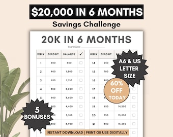 20,000 Dollar Savings Challenge Printable, 6-Month Tracker (PDF)