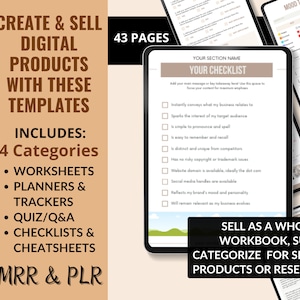 Op de afbeelding: Een digitale product sjabloonkit met 43 pagina's, inclusief werkbladen, planners, trackers, quizzen, checklists en cheatsheets. De kit is ontworpen om te helpen bij het maken en verkopen van digitale producten. De tekst "MRR & PLR" is ook inbegrepen.