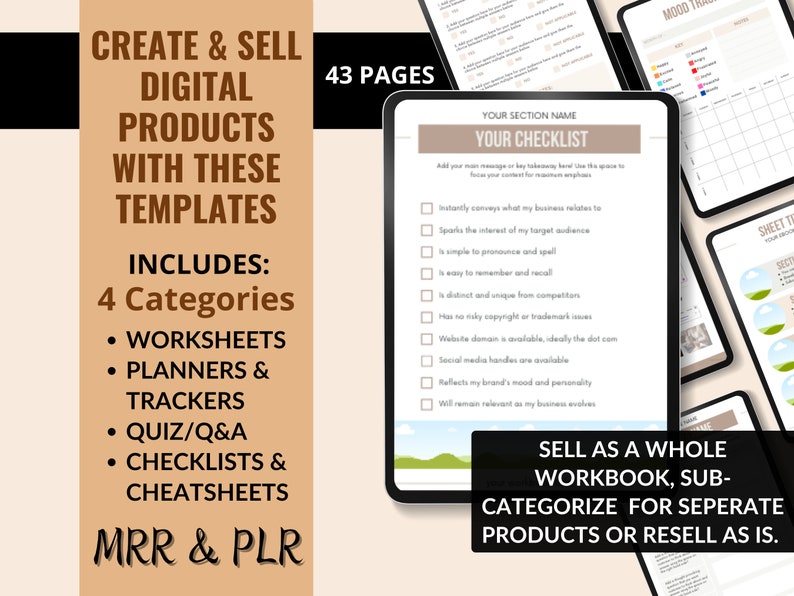 Op de afbeelding: Een digitale product sjabloonkit met 43 pagina's, inclusief werkbladen, planners, trackers, quizzen, checklists en cheatsheets. De kit is ontworpen om te helpen bij het maken en verkopen van digitale producten. De tekst "MRR & PLR" is ook inbegrepen.