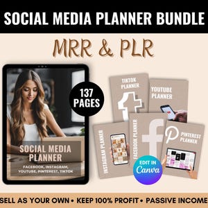 May include: A digital product bundle for social media planning. The bundle includes 137 pages of content for Facebook, Instagram, YouTube, Pinterest, and TikTok. The image shows a woman working on a laptop, and the text "Sell as your own. Keep 100% profit. Passive income" is at the bottom.