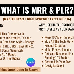 Op de afbeelding: Een bruine en witte grafiek met de tekst "What is MRR & PLR?" en de ondertitel "(Master Resell Right/Private Label Rights)". De grafiek legt de voordelen uit van het gebruik van digitale producten met MRR om te verkopen als de jouwe. De grafiek somt de voordelen op van het gebruik van MRR en PLR, waaronder het behouden van 100% van de winst, het overslaan van het technische werk van productcreatie, het genereren van passief inkomen, het 10x sneller opzetten van je bedrijf, het rebranden als je eigen merk en klaar zijn om door te verkopen.