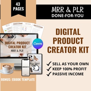 Op de afbeelding: Een digitale productcreatiekit met 43 pagina's, met een computerscherm waarop de tekst "Digital Product Creator Kit MRR & PLR" wordt weergegeven. De kit bevat werkbladen en een e-booktemplate. De tekst "Verkoop als je eigen, Houd 100% winst, Passief inkomen" wordt aan de rechterkant van de afbeelding weergegeven.