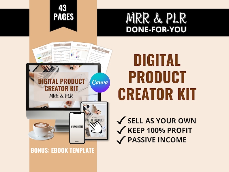 Op de afbeelding: Een digitale productcreatiekit met 43 pagina's, met een computerscherm waarop de tekst "Digital Product Creator Kit MRR & PLR" wordt weergegeven. De kit bevat werkbladen en een e-booktemplate. De tekst "Verkoop als je eigen, Houd 100% winst, Passief inkomen" wordt aan de rechterkant van de afbeelding weergegeven.