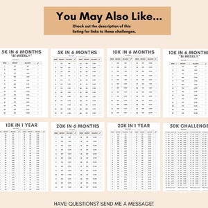 May include: A printable worksheet with a table to track savings goals. The worksheet includes different savings challenges, such as saving $5,000 in 6 months, $10,000 in 6 months, $10,000 in 1 year, $20,000 in 6 months, $20,000 in 1 year, and a $50,000 challenge. The worksheet includes columns for week, deposit, interest, and balance.