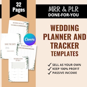 Hochzeitsplaner und Tracker Canva Vorlagen mit Master-Wiederverkaufsrechten, Hochzeitseinladungen, Hochzeitsgästeliste, Hochzeitsbudget-Tracker, MRR