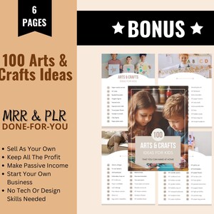Op de afbeelding: Een digitale productvermelding voor 100 kunst- en knutsel-idee&euml;n voor kinderen. De vermelding bevat een bonusgedeelte met extra idee&euml;n. De tekst op de vermelding luidt "MRR & PLR DONE-FOR-YOU".