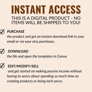 May include: A digital product description with a checkmark next to each step: Purchase, Download, and Edit/Modify/Sell. The text explains that the product is a digital download and provides instructions on how to access and use it. The text also mentions that the product can be used to create passive income.