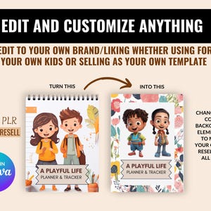 Op de afbeelding: Een digitale planner-sjabloon met een kleurrijke bloemenachtergrond en twee cartoonkinderen. De tekst "A Playful Life Planner & Tracker" staat op de omslag. De afbeelding laat zien hoe je de sjabloon kunt aanpassen door lettertypen, kleuren, achtergronden en elementen te wijzigen.