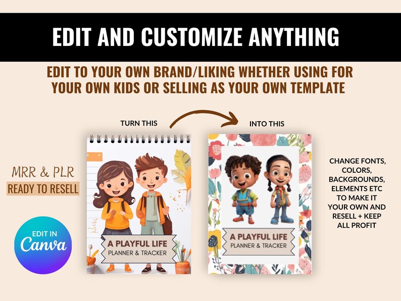 Op de afbeelding: Een digitale planner-sjabloon met een kleurrijke bloemenachtergrond en twee cartoonkinderen. De tekst "A Playful Life Planner & Tracker" staat op de omslag. De afbeelding laat zien hoe je de sjabloon kunt aanpassen door lettertypen, kleuren, achtergronden en elementen te wijzigen.