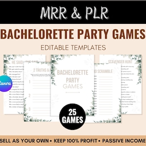 May include: A set of 25 printable bachelorette party games featuring a green foliage design. The games include "He Said She Said", "2 Truths & A Lie", "Scavenger Hunt", and "Word Scramble".