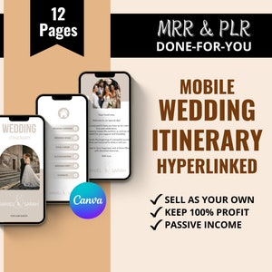 以下が含まれることがあります： 結婚式の日程表テンプレートを表示した携帯電話の画面のモックアップ。テンプレートは結婚式に招待されたゲスト向けに設計されており、歓迎、結婚式、披露宴、宿泊施設、結婚式のお祝い金チャート、連絡先などのセクションが含まれています。テンプレートには「結婚式の日程表」というラベルが付けられており、新郎新婦の写真が掲載されています。電話のモックアップの上には「MRR & PLR DONE-FOR-YOU」というテキストが表示されています。電話のモックアップの下には「モバイル結婚式の日程表 ハイパーリンク付き」というテキストが表示されています。「モバイル結婚式の日程表 ハイパーリンク付き」というテキストの下には「あなた自身の販売 100％の利益 受動的収入」というテキストが表示されています。
