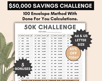 50,000 savings challenge, Save 50k challenge, 100 envelope challenge, saving money challenge, pdf worksheet, print or use digitally + bonus