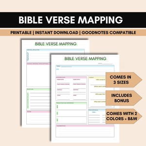 Plantilla de estudio bíblico con mapas de versículos: Hoja de trabajo imprimible, ideas para diario (descarga digital)