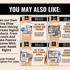 Op de afbeelding: Een collage van zes digitale productmockups, die elk een ander product te koop aanbieden. De producten zijn allemaal digitale planners, werkboeken en activiteitenbundels. Elke mockup bevat de producttitel, een beschrijving van het product en een lijst met voordelen. De producten zijn allemaal ontworpen om mensen te helpen passief inkomen te genereren.