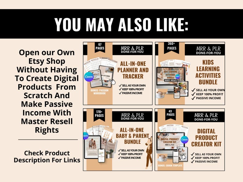 Op de afbeelding: Een collage van zes digitale productmockups, die elk een ander product te koop aanbieden. De producten zijn allemaal digitale planners, werkboeken en activiteitenbundels. Elke mockup bevat de producttitel, een beschrijving van het product en een lijst met voordelen. De producten zijn allemaal ontworpen om mensen te helpen passief inkomen te genereren.
