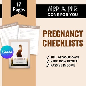 Könnte beinhalten: Ein digitales Produkt-Mockup mit einem Satz von 17 druckbaren Schwangerschafts-Checklisten. Die Checklisten sollen werdenden Eltern helfen, sich auf die Ankunft ihres Babys vorzubereiten. Das Bild zeigt eine Silhouette einer schwangeren Frau und den Text "Schwangerschafts-Checklisten". Der Text "Verkaufen Sie es als Ihr eigenes, Behalten Sie 100% Gewinn, Passives Einkommen" ist ebenfalls enthalten.