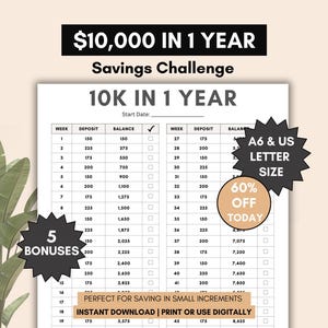 10000 in 1 year savings challenge, save 10k in 52 weeks worksheet, saving money tracker in small amounts, pdf download