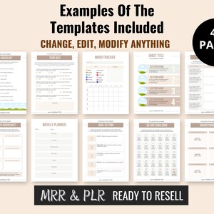 Op de afbeelding: Een collage van 10 verschillende afdrukbare plannerpagina's, elk met een ander thema, zoals een checklist, een stemmingstracker, een weekplanner en het stellen van doelen. De pagina's zijn allemaal in een lichtbruin en wit kleurenschema met een eenvoudig ontwerp. De tekst "Voorbeelden van de meegeleverde sjablonen" staat bovenaan de afbeelding, en de tekst "Alles wijzigen, bewerken, aanpassen" staat eronder. De tekst "43 pagina's" staat in een zwarte cirkel in de rechterbovenhoek van de afbeelding. De tekst "MRR & PLR Klaar om door te verkopen" staat onderaan de afbeelding.