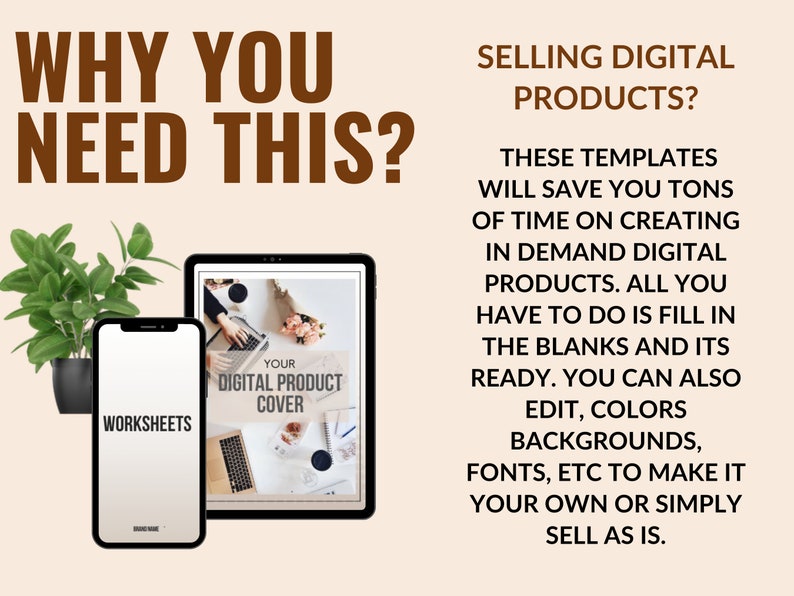 Op de afbeelding: Een sjabloon voor een digitale productcover met de tekst "Your Digital Product Cover" op een tabletscherm. De sjabloon is aanpasbaar met kleuren, achtergronden en lettertypen. De tekst "WHY YOU NEED THIS?" staat bovenaan de afbeelding.