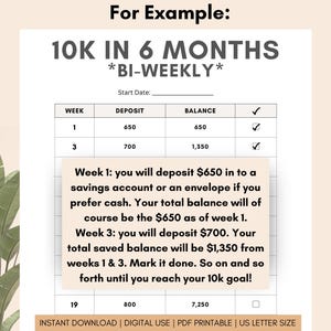 May include: A printable chart to help you save money bi-weekly. The chart has columns for week number, deposit amount, and balance. The chart includes instructions for saving $650 every two weeks, with a goal of saving $10,000 in six months.
