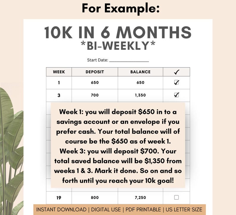 May include: A printable chart to help you save money bi-weekly. The chart has columns for week number, deposit amount, and balance. The chart includes instructions for saving $650 every two weeks, with a goal of saving $10,000 in six months.