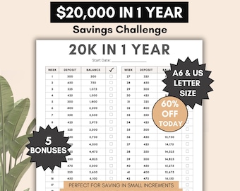 20000 in 1 year savings challenge, 20k in 52 weeks challenge worksheet, save money in small amounts over the course of a year, pdf