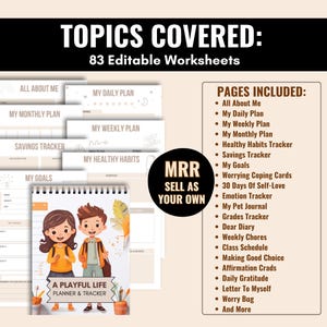 Op de afbeelding: Een set van 83 printbare werkbladen voor kinderen, met een kleurrijke illustratie van twee kinderen die een planner en een tracker vasthouden. De werkbladen behandelen onderwerpen zoals "Alles over mij", "Mijn dagelijkse plan", "Mijn wekelijkse plan", "Mijn maandelijkse plan", "Tracker voor gezonde gewoonten", "Spaar-tracker", "Mijn doelen", "Kaarten om met zorgen om te gaan", "30 dagen zelfliefde", "Emotietracker", "Mijn huisdier-dagboek", "Cijfer-tracker", "Lief dagboek", "Wekelijkse taken", "Rooster", "De juiste keuze maken", "Bevestigingskaarten", "Dagelijkse dankbaarheid", "Brief aan mezelf", "Zorg-beestje", en "En meer".