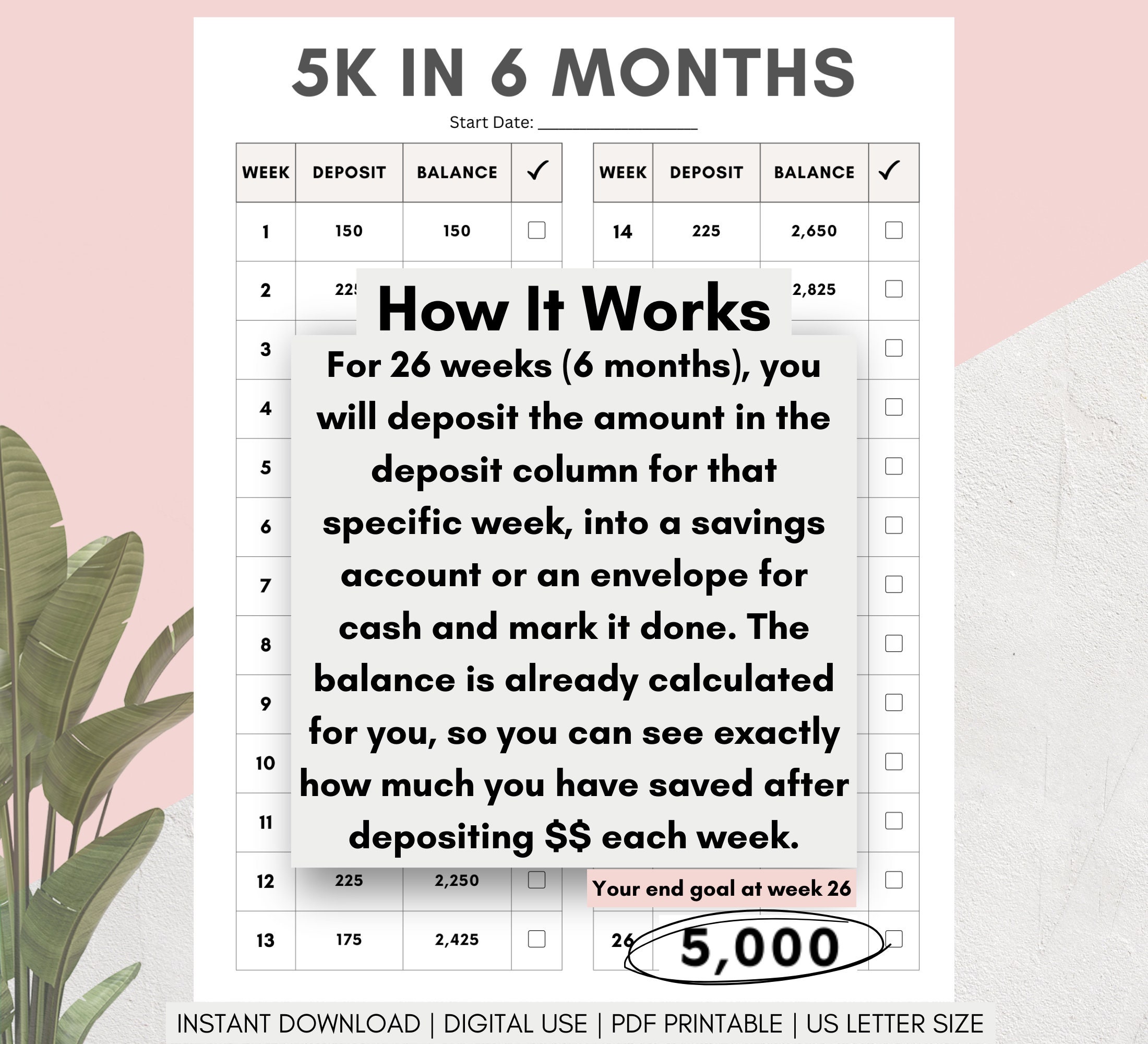 5000 Savings Challenge Worksheet, Save 5k in 6 Months Months, 5k in 26 ...