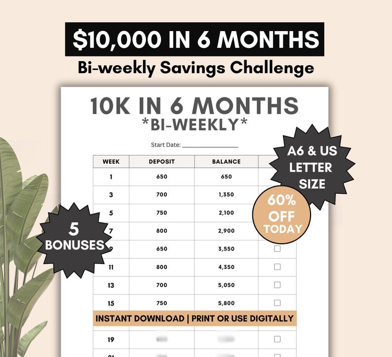 May include: A printable bi-weekly savings challenge chart to help you save $10,000 in 6 months. The chart includes a table with columns for week, deposit, and balance. The chart also includes a note that says "Instant Download | Print or Use Digitally".