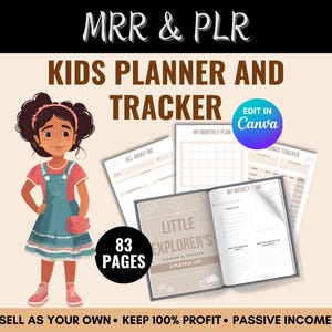 Op de afbeelding: Een printbare planner en tracker voor kinderen met 83 pagina's. De omslag toont een cartoonmeisje met bruin haar en een roze shirt. De planner bevat secties voor "Alles over mij", "Mijn maandplan", "Mijn weekplan" en "Spaargeldtracker". De tekst "Little Explorer's Planner & Tracker A Playful Life" staat op de omslag. De tekst "Edit in Canva" staat op een blauwe cirkel.