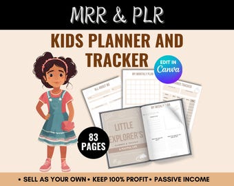 May include: A printable planner and tracker for kids with 83 pages. The cover features a cartoon girl with brown hair and a pink shirt. The planner includes sections for "All About Me", "My Monthly Plan", "My Weekly Plan", and "Savings Tracker". The text "Little Explorer's Planner & Tracker A Playful Life" is on the cover. The text "Edit in Canva" is on a blue circle.
