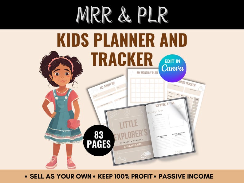 Op de afbeelding: Een printbare planner en tracker voor kinderen met 83 pagina's. De omslag toont een cartoonmeisje met bruin haar en een roze shirt. De planner bevat secties voor "Alles over mij", "Mijn maandplan", "Mijn weekplan" en "Spaargeldtracker". De tekst "Little Explorer's Planner & Tracker A Playful Life" staat op de omslag. De tekst "Edit in Canva" staat op een blauwe cirkel.
