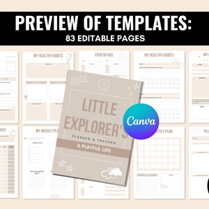 Op de afbeelding: Een voorvertoning van 83 bewerkbare plannerpagina's voor een Little Explorer's Planner & Tracker. De pagina's zijn ontworpen met een speels thema en hebben een lichtbruine achtergrond met witte tekst en illustraties. De omslag van de planner heeft een lichtbruine achtergrond met de tekst "Little Explorer's Planner & Tracker" en "A Playful Life" in witte tekst.