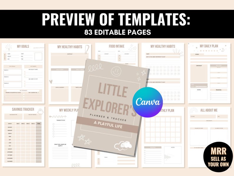 Op de afbeelding: Een voorvertoning van 83 bewerkbare plannerpagina's voor een Little Explorer's Planner & Tracker. De pagina's zijn ontworpen met een speels thema en hebben een lichtbruine achtergrond met witte tekst en illustraties. De omslag van de planner heeft een lichtbruine achtergrond met de tekst "Little Explorer's Planner & Tracker" en "A Playful Life" in witte tekst.