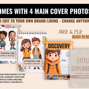 Op de afbeelding: Vier verschillende coverontwerpen voor een planner en tracker. De covers tonen illustraties van kinderen, een ontdekkingsplanner en de tekst "A Playful Life Planner & Tracker".