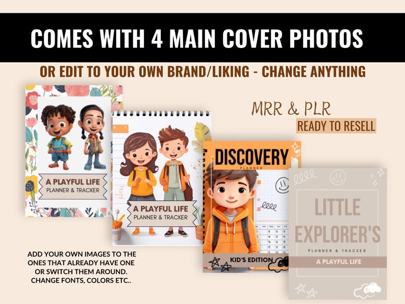 Op de afbeelding: Vier verschillende coverontwerpen voor een planner en tracker. De covers tonen illustraties van kinderen, een ontdekkingsplanner en de tekst "A Playful Life Planner & Tracker".