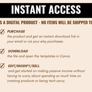 Op de afbeelding: Een digitale productbeschrijving met een checklist van stappen voor het kopen, downloaden en bewerken van een digitaal product. De tekst luidt "DIRECTE TOEGANG" in grote, vetgedrukte letters bovenaan de afbeelding. De tekst "DIT IS EEN DIGITAAL PRODUCT - ER WORDEN GEEN ARTIKELEN VERZONDEN!" staat onder de titel. De checklist omvat drie stappen: "KOPEN", "DOWNLOADEN" en "BEWERKEN/AANPASSEN/VERKOPEN".
