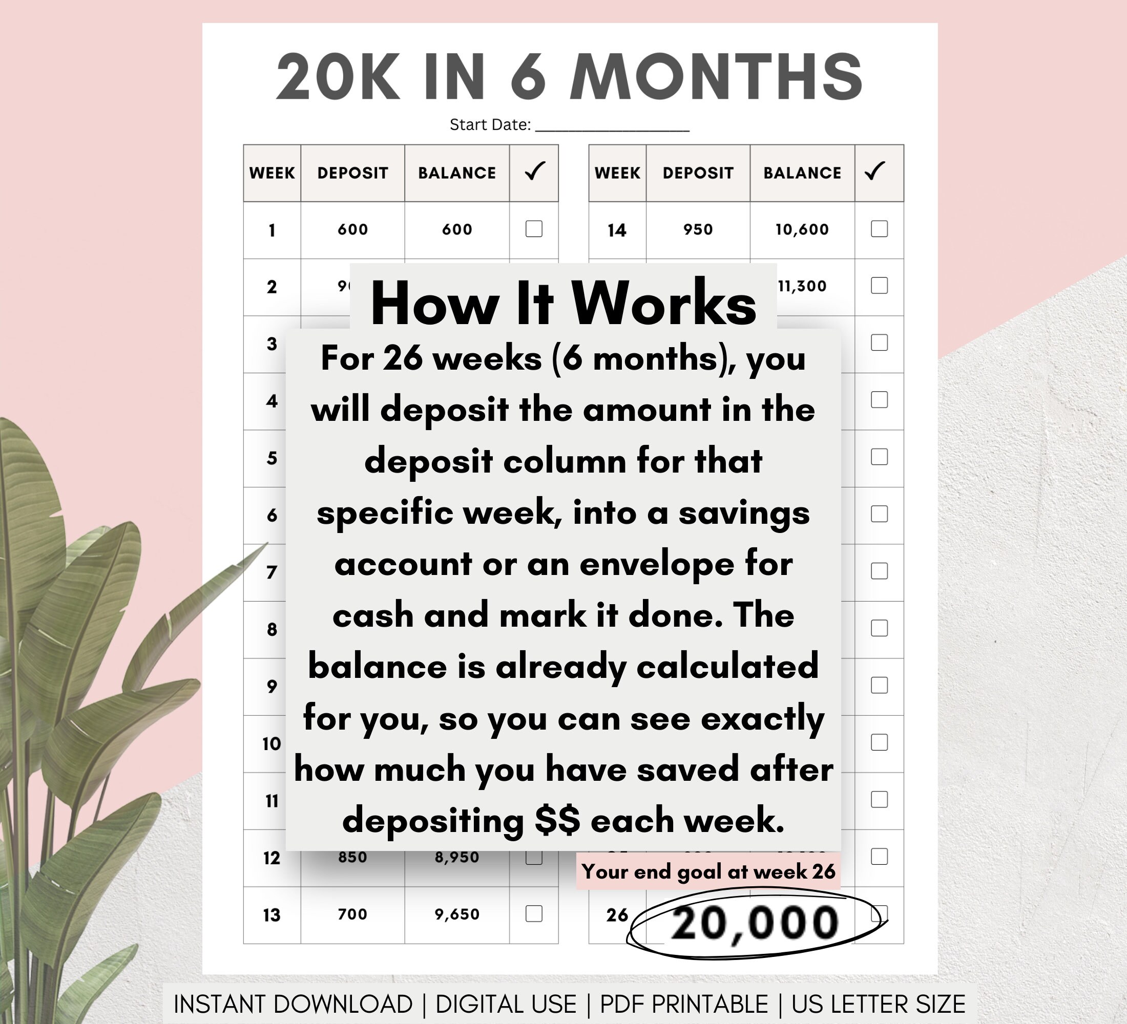 20000 Savings Challenge 20k in 6 Months Challenge Savings Tracker 26 ...