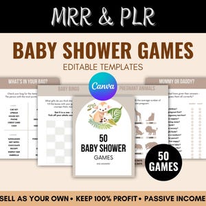 May include: A set of baby shower game templates, featuring the text "Baby Shower Games" and "Editable Templates." The image showcases game examples such as "What's in Your Bag?" and "Baby Bingo." The Canva logo is present.