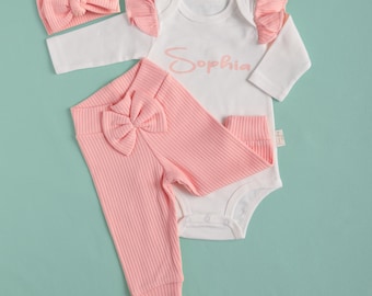 Personalized Baby Girl Coming Home Outfit: Cotton Bodysuit, Pants & Headband